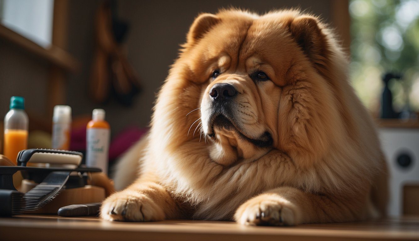 A fluffy Chow Chow dog sits obediently while being groomed by a family member, surrounded by grooming tools and training treats