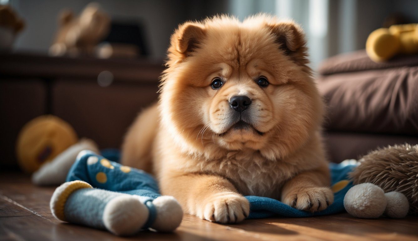 A fluffy Chow Chow puppy sits in a cozy home, surrounded by toys and a comfortable bed. A map of the US displays regional cost variations