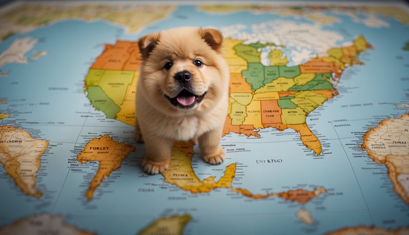 A map of the United States with different regions highlighted, accompanied by price tags or dollar signs to represent the varying cost of Chow Chow puppies in each area