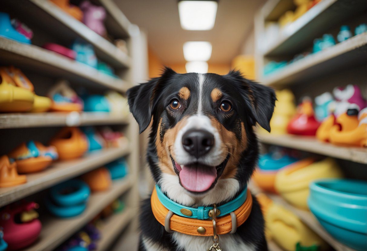 A happy dog wearing a stylish collar and leash, surrounded by shelves of colorful dog accessories like toys, beds, and grooming products