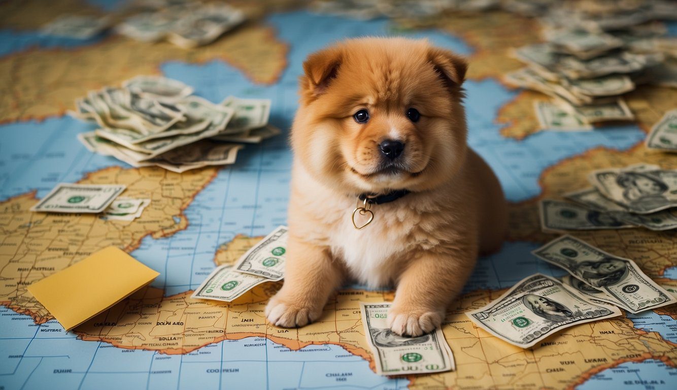 A map of the US with labeled regions and a Chow Chow puppy in the center, surrounded by price tags or dollar signs