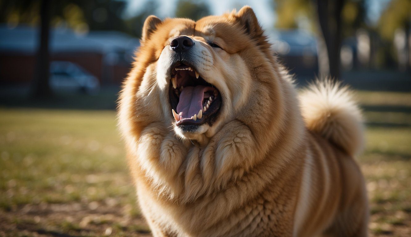 A Chow Chow snarls and bares its teeth, displaying aggressive behavior