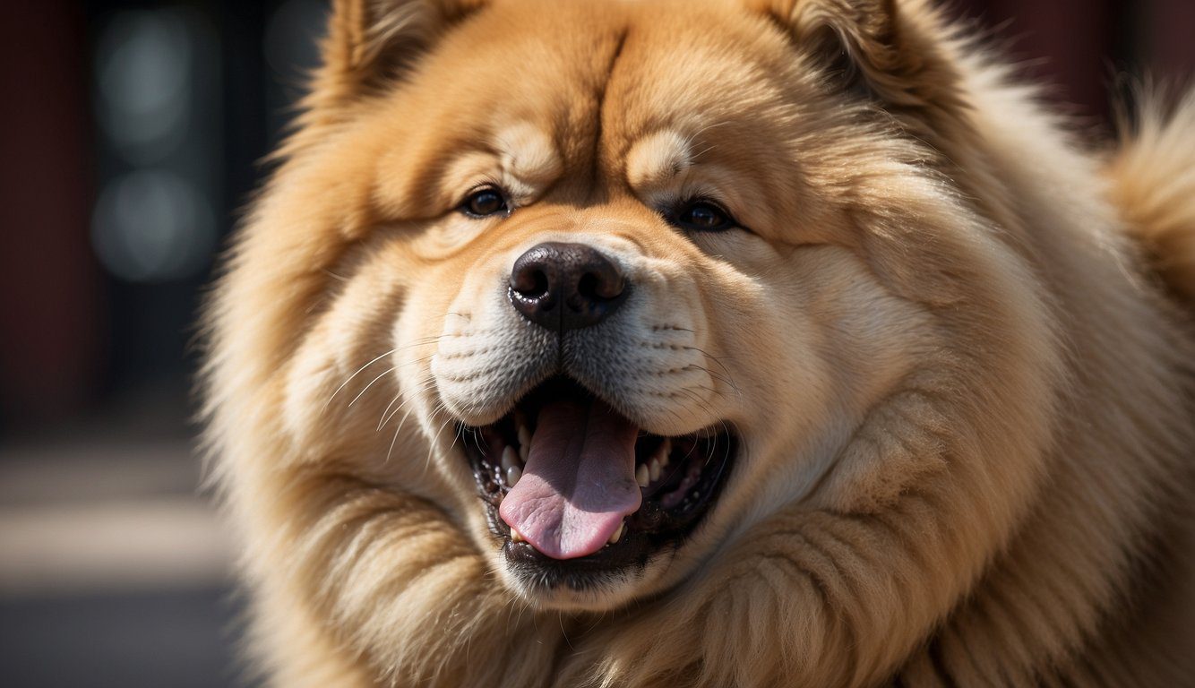 A Chow Chow snarls, showing its aggressive nature. Its fur is thick and mane-like, and its stance is proud and regal. The background could include Chinese symbols or traditional Chinese architecture