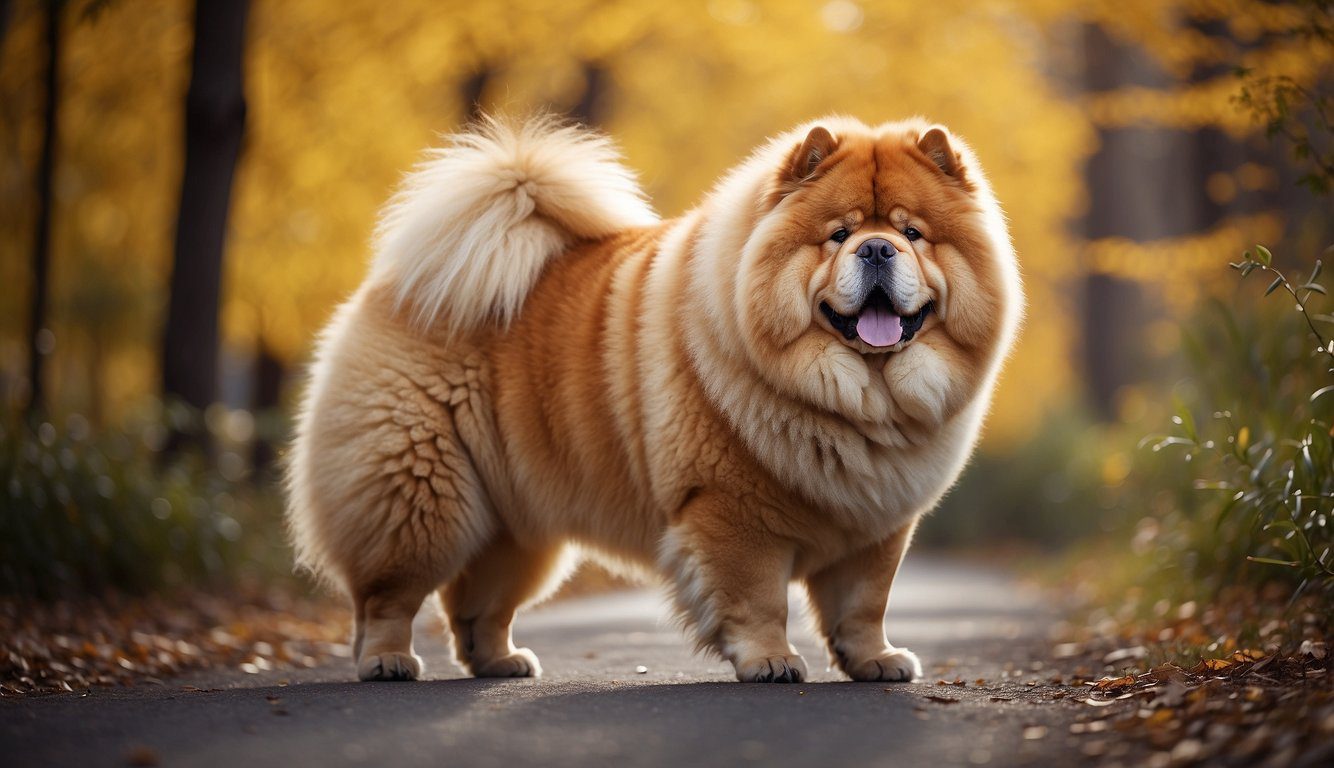 A majestic chow chow adult with a thick, fluffy coat, a broad head, and deep-set, almond-shaped eyes standing proudly