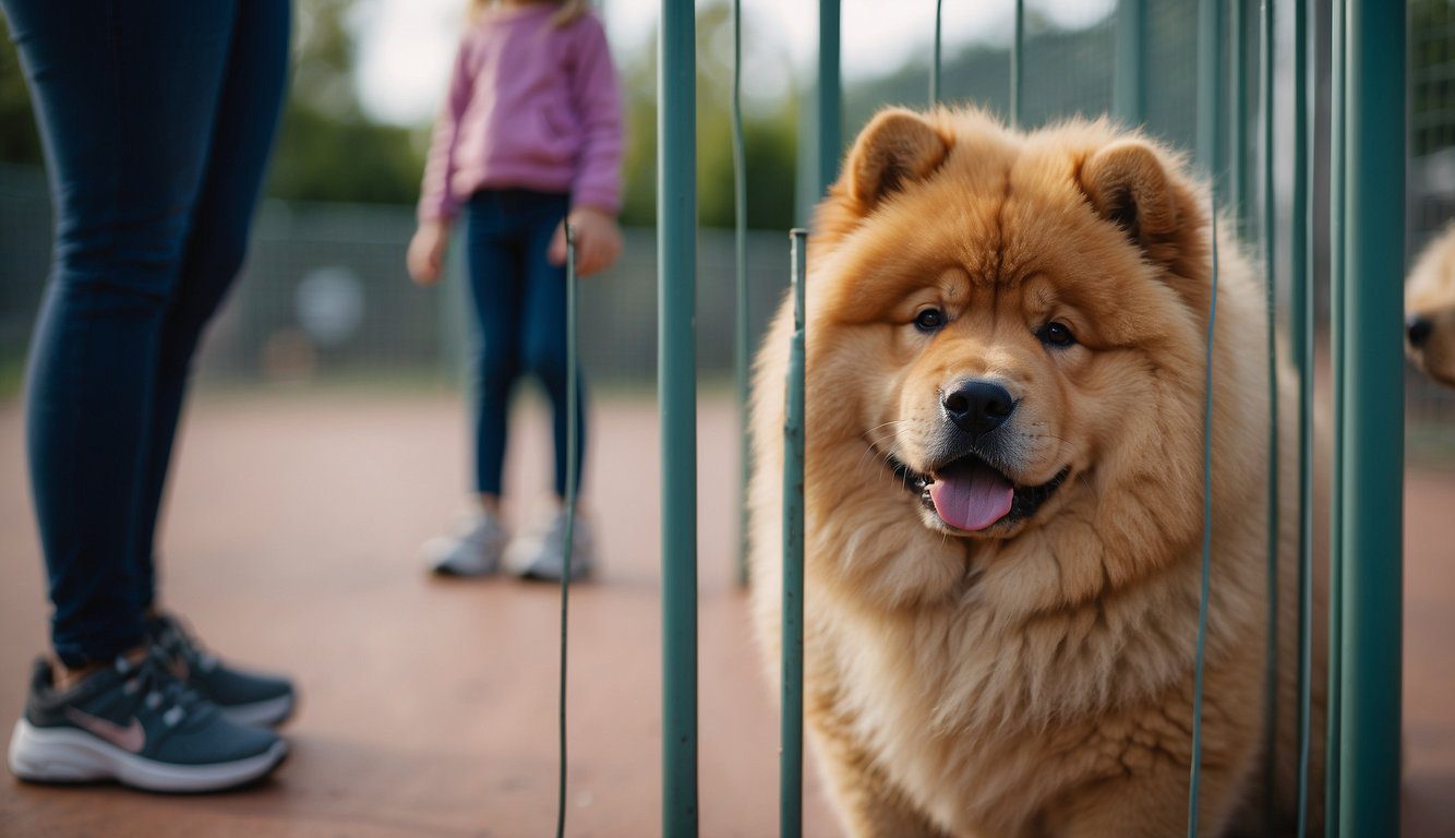 A Chow Chow puppy sits next to a child safety gate, while a trainer teaches socialization techniques