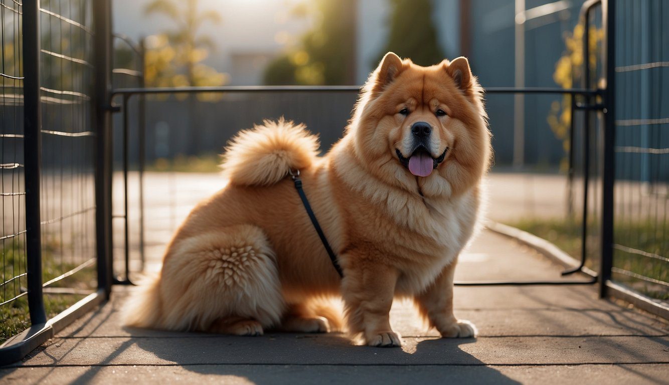 A Chow Chow dog sits beside a safety gate, while a person places a leash on the dog. A bowl of water and a chew toy are nearby