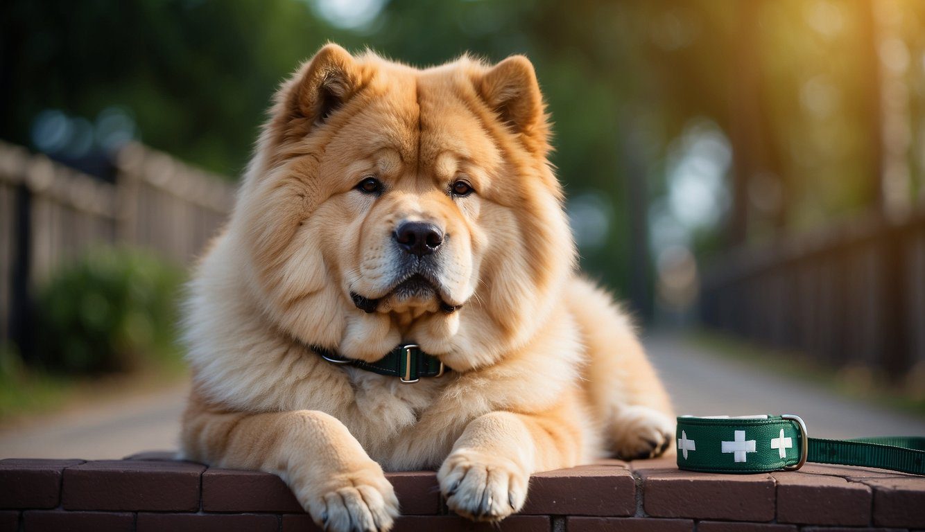 Chow Chow wearing a reflective collar and leash, with a first aid kit and water bowl nearby. Fence and gate securely closed