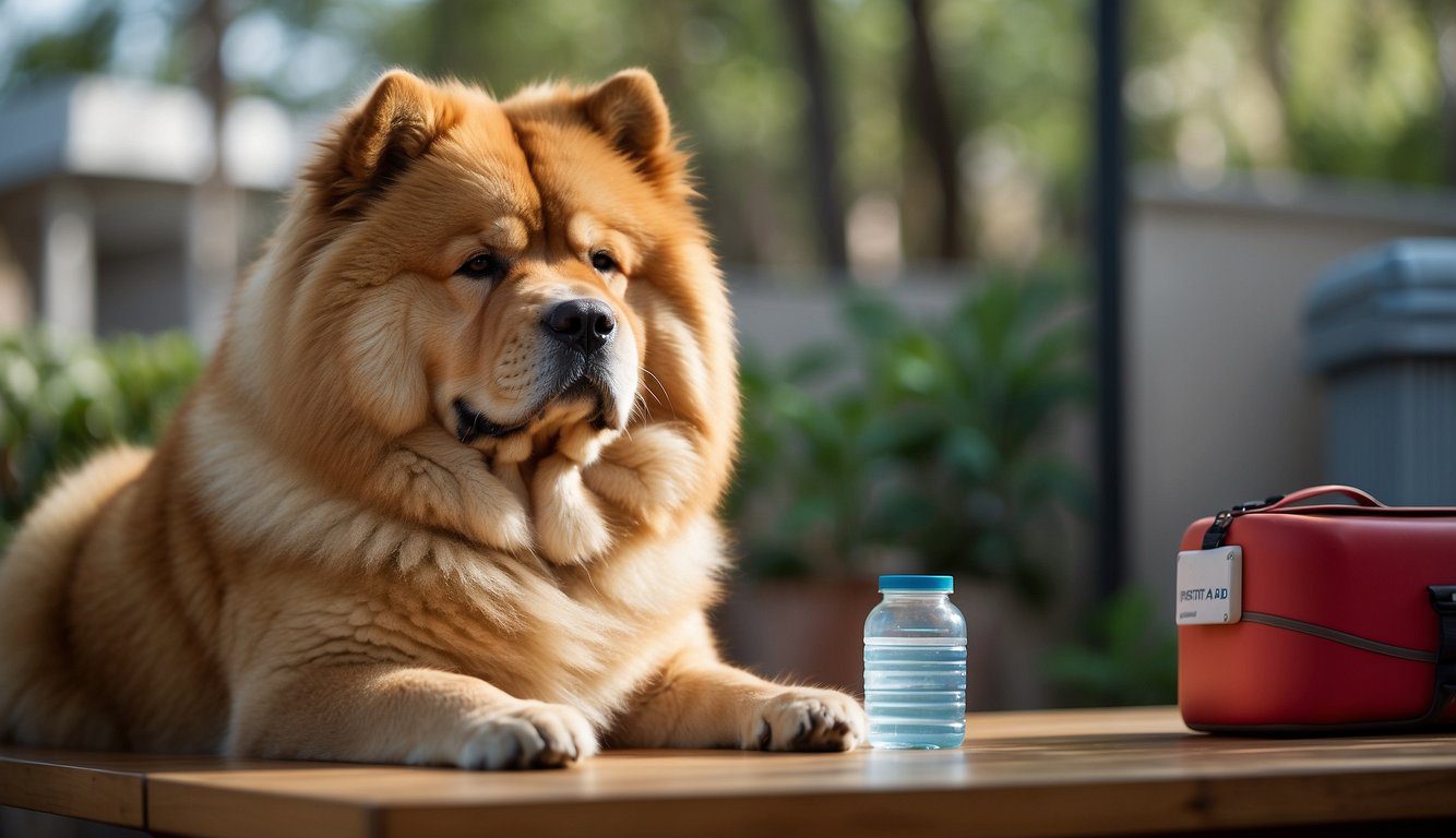 A Chow Chow dog sits next to a first aid kit and a bowl of fresh water, while a veterinarian gives safety tips