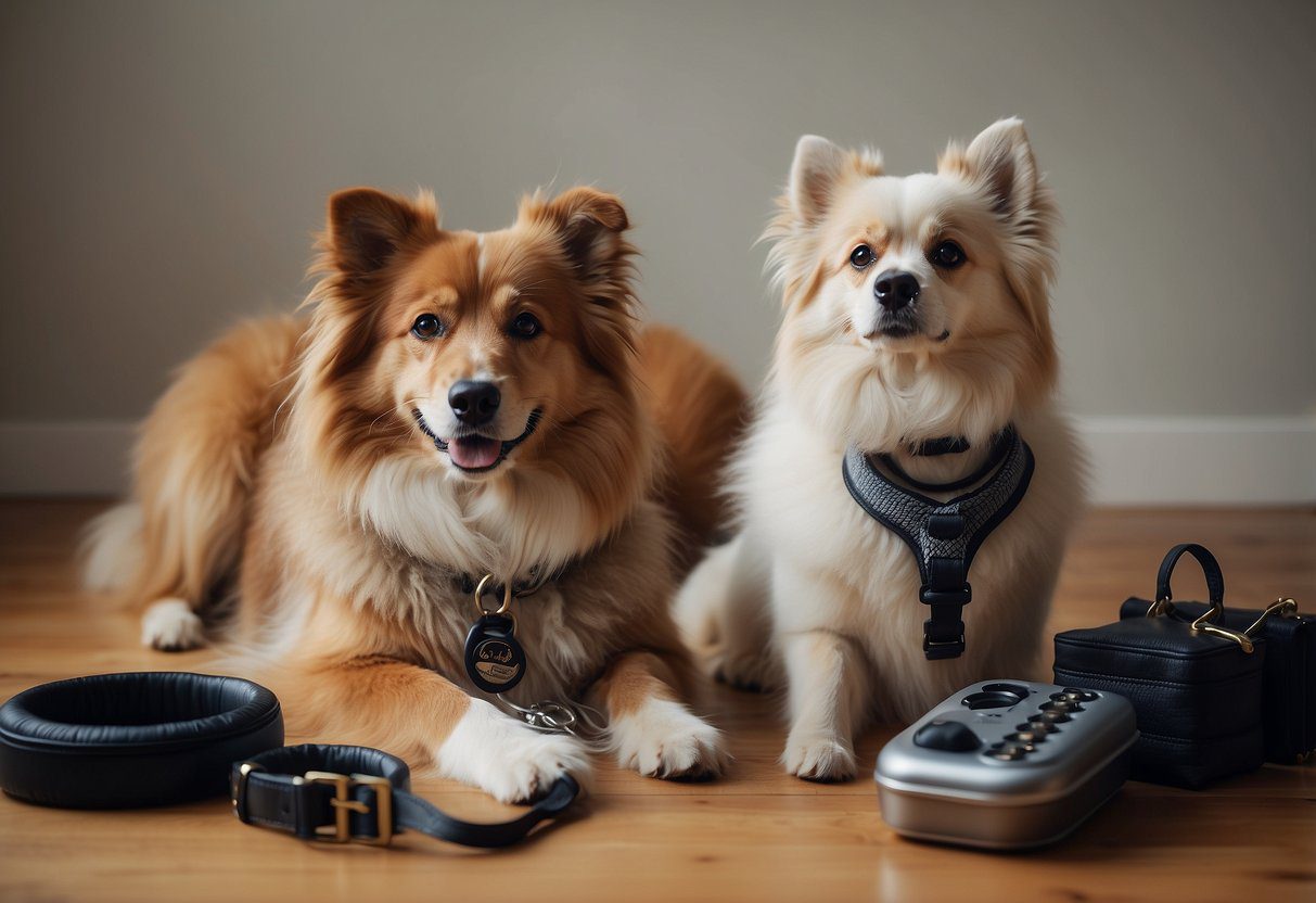 A fluffy dog sits surrounded by functional accessories like a leash, collar, and doggy bag dispenser