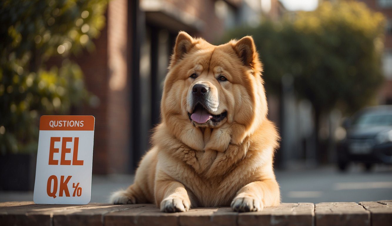 A Chow Chow dog sitting next to a "Frequently Asked Questions" sign with safety tips displayed