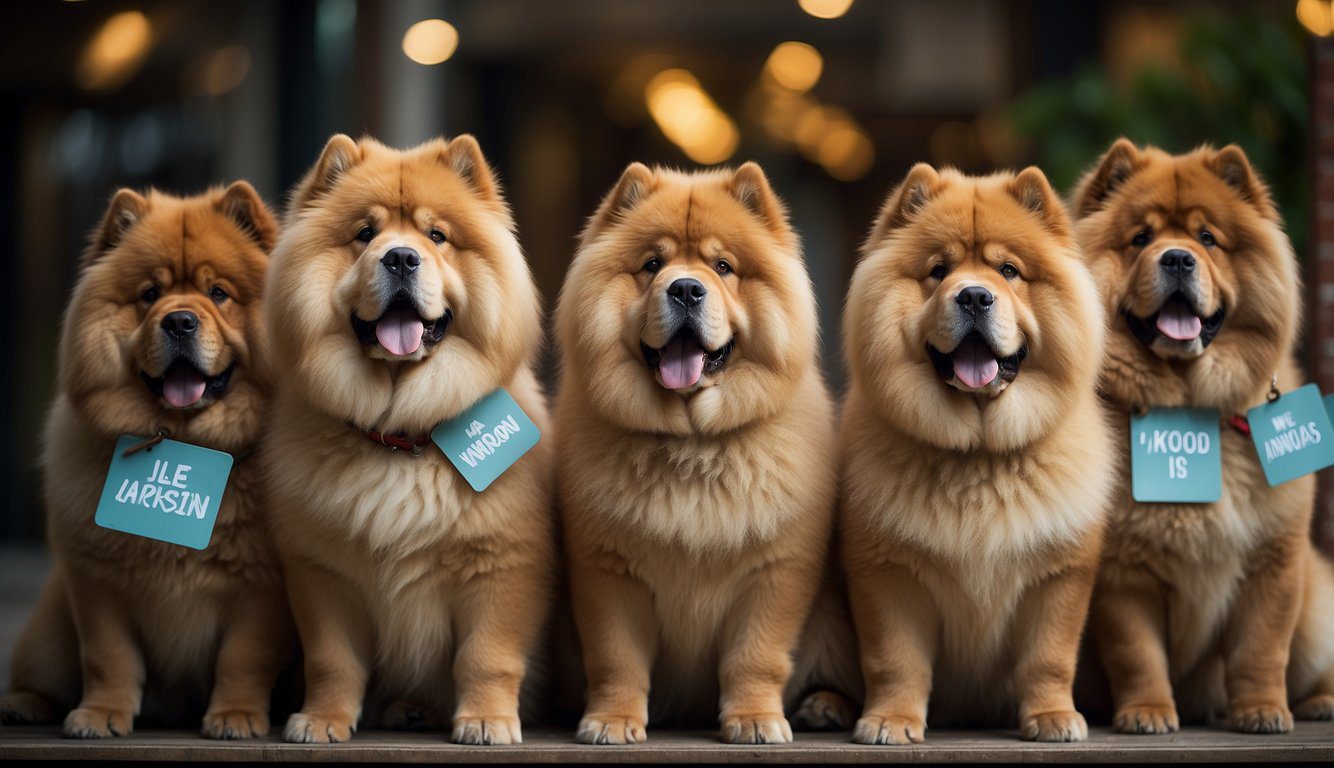 A chow chow standing proudly, showcasing its distinctive coat colors of red, black, blue, cinnamon, and cream, as per breed standards