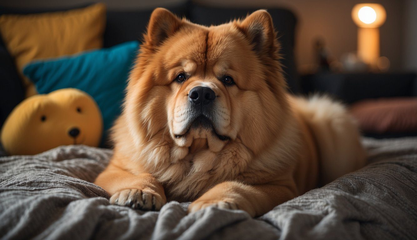 A chow chow dog lounges on a plush bed, surrounded by cozy blankets and toys, with a serene expression on its face