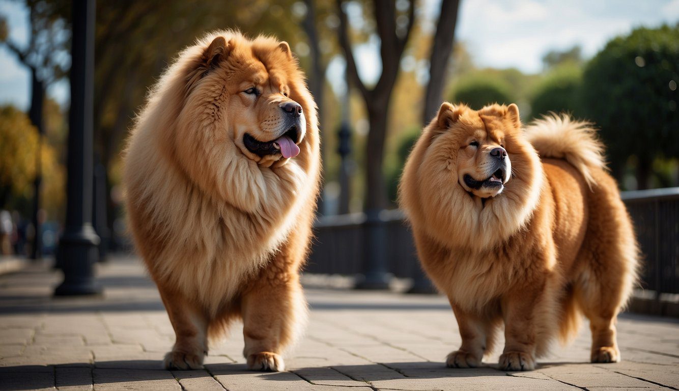 A Chow Chow dog stands proudly, with a thick, fluffy coat and a distinctive lion-like mane. Its sturdy build and confident demeanor exude an air of regal elegance