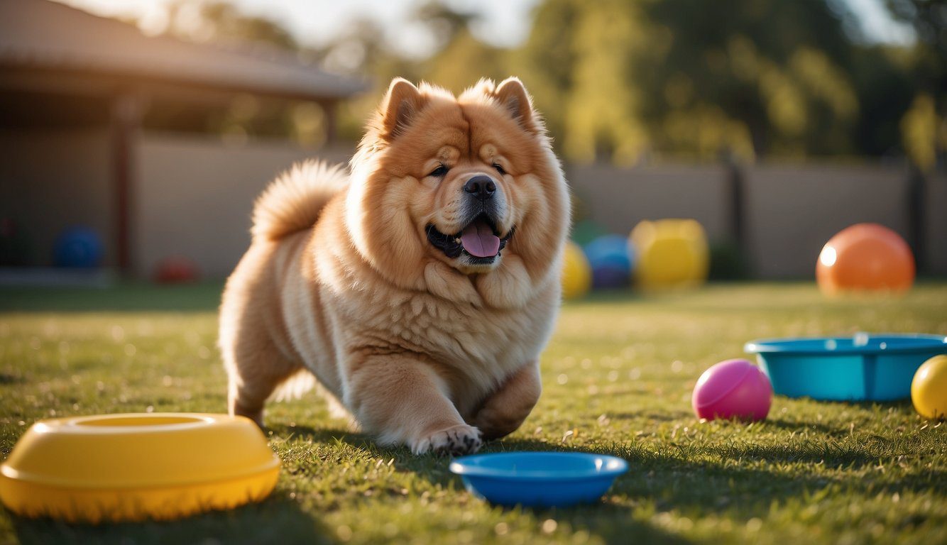 A Chow Chow dog with a shiny coat, playing in a spacious yard, surrounded by toys and a water bowl, with a healthy and happy expression