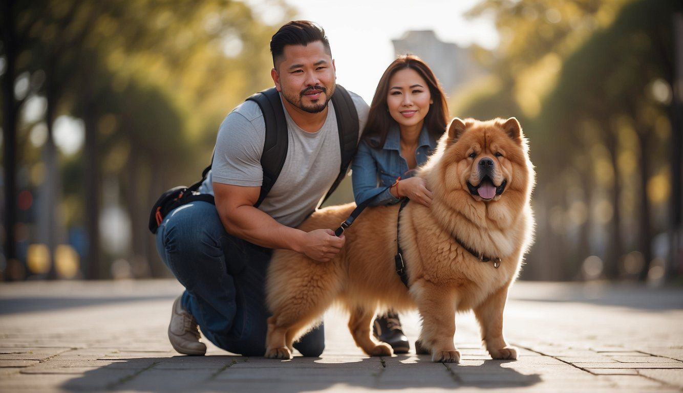 A Chow Chow owner kneeling, holding a leash, looking into the eyes of their dog with a determined expression