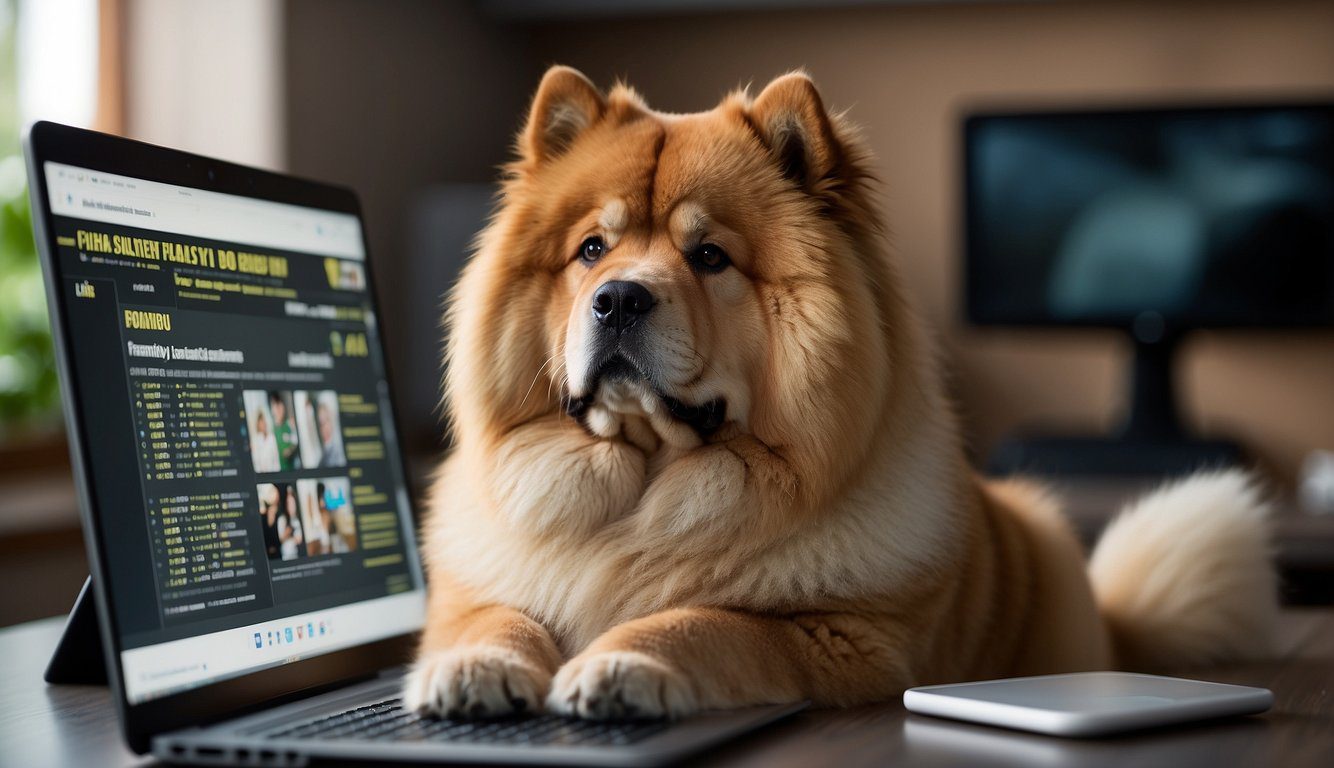 A chow chow dog sitting in front of a computer screen with the words "Frequently Asked Questions: How long do chow chows live?" displayed prominently