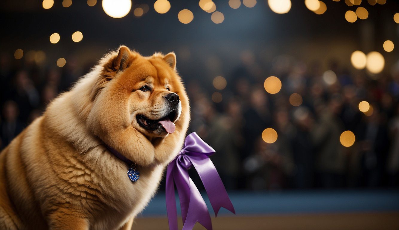 A regal Chow Chow stands proudly in the spotlight, adorned with a ribbon, as Martha Stewart celebrates its Westminster win