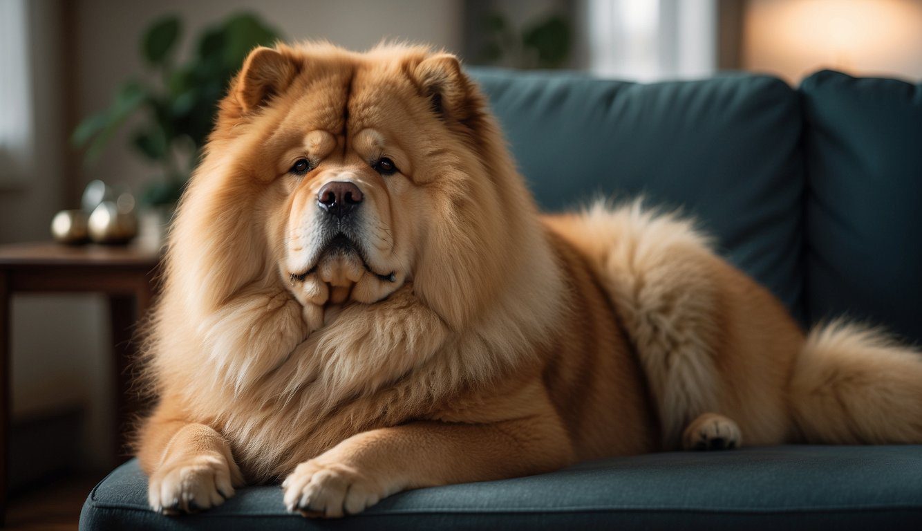 A fluffy Chow Chow lounges contentedly in a cozy living room, exuding a calm and regal demeanor. Its thick, lion-like mane and sturdy build convey a sense of strength and confidence