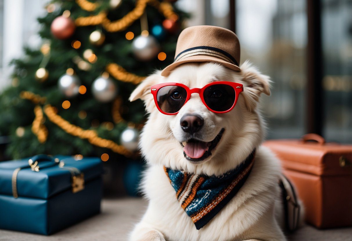 A fluffy dog wearing seasonal accessories, such as scarves, hats, and sunglasses, surrounded by various exclusive pet accessories