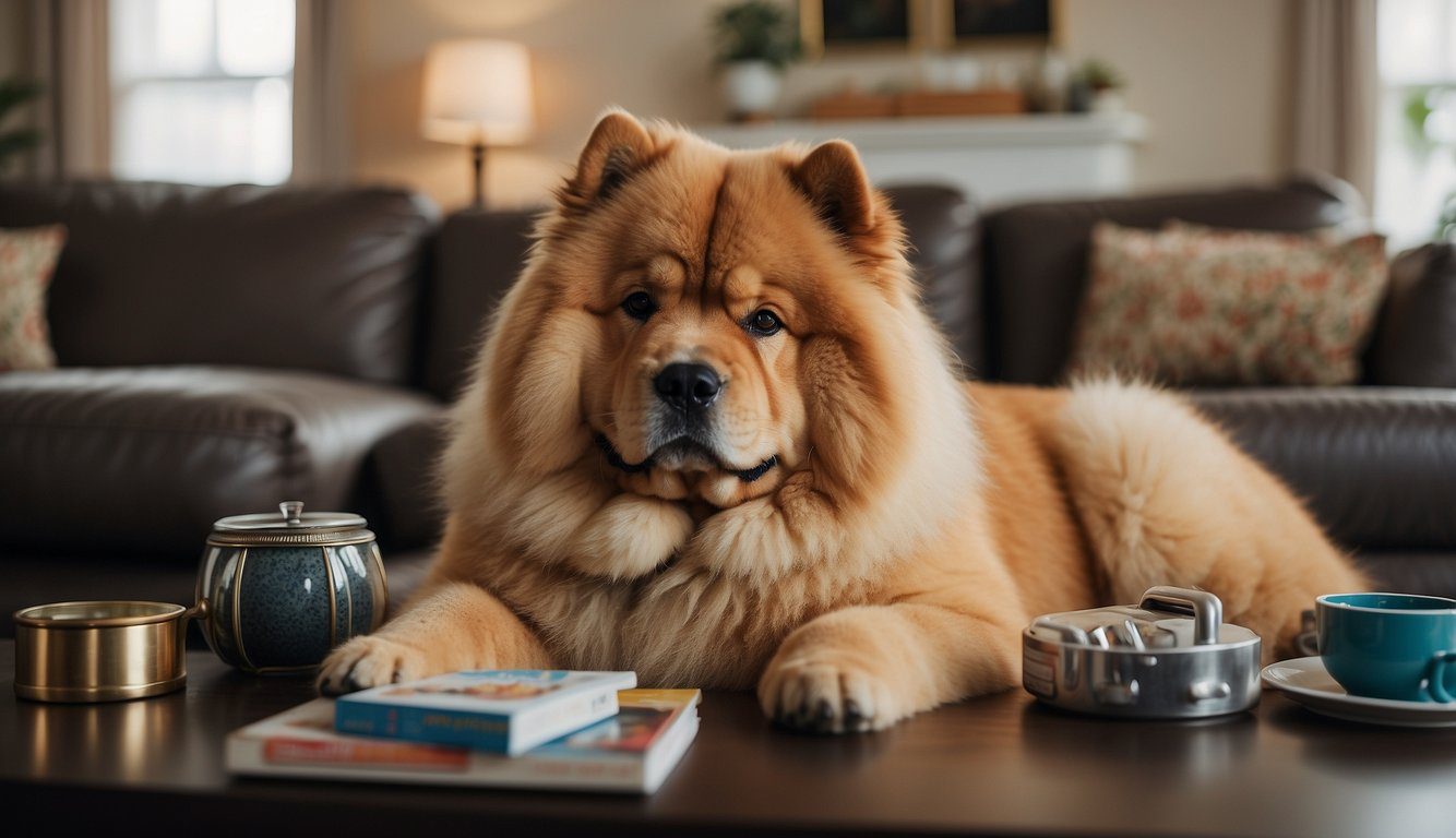 A Chow Chow lounges in a cozy living room, surrounded by grooming tools, a leash, and a bowl of food. A book titled "Care and Training Essentials" sits on the coffee table