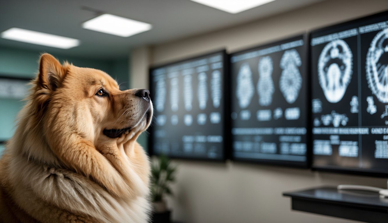 A Chow Chow dog with bright, alert eyes sits next to a veterinarian, receiving a thorough eye exam. Charts and diagrams of eye anatomy and preventative measures line the walls of the clinic