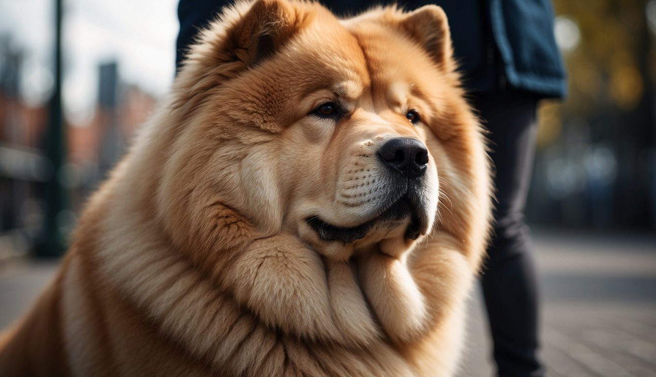 A Chow Chow dog with red, irritated eyes receiving gentle care and attention from its owner