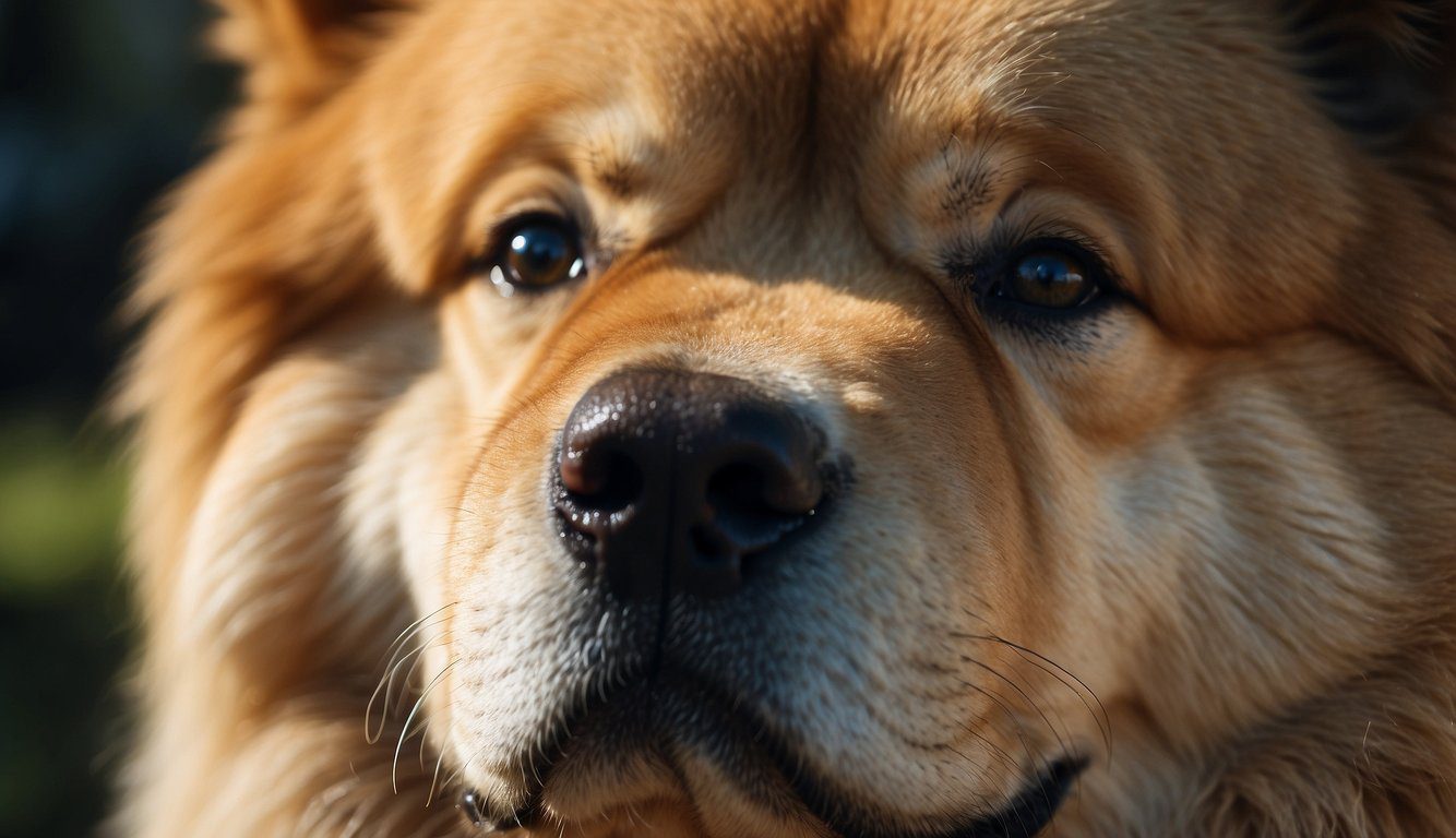 A Chow Chow dog squints with watery eyes, pawing at its face