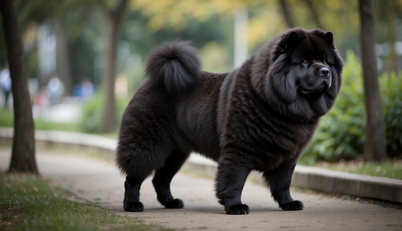 A black chow chow stands proudly with a thick, fluffy coat and a distinctive blue-black tongue, evoking its ancient Chinese origins