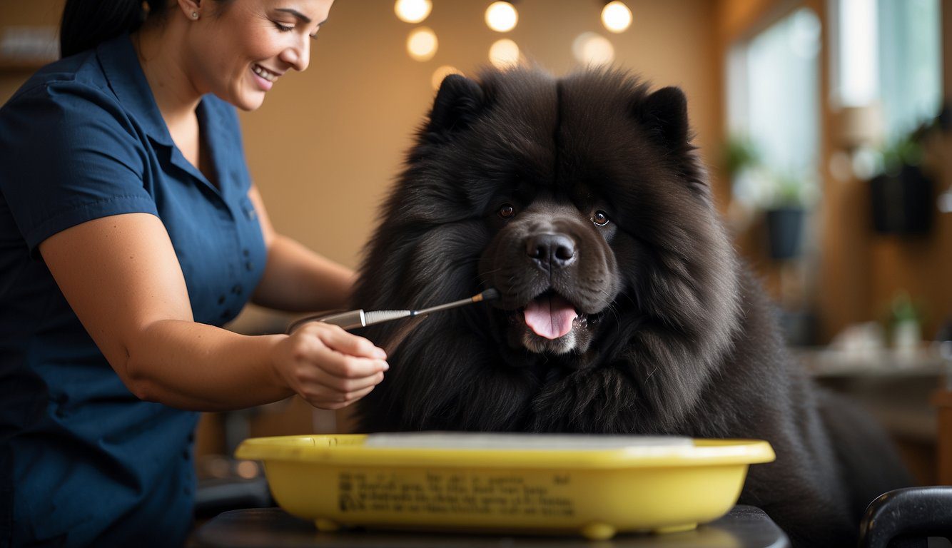 A black chow chow being groomed with a brush, trimmed nails, and cleaned ears in a cozy, well-lit grooming area