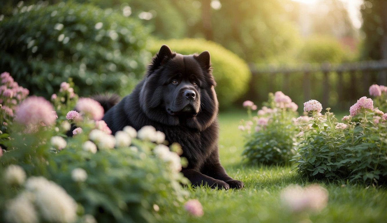 A black chow chow dog sitting peacefully in a lush green garden, surrounded by blooming flowers and a serene atmosphere