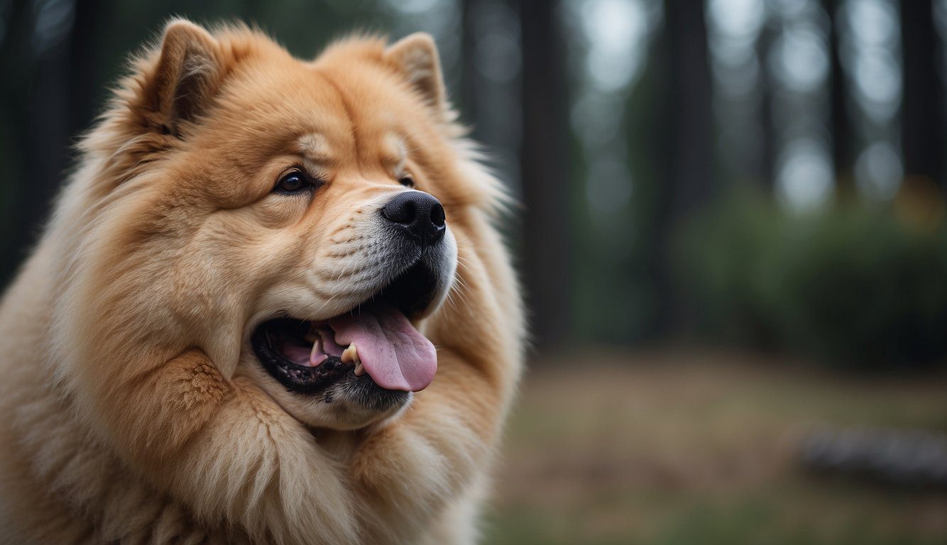 A chow chow with a blue-black tongue, a large head, and a lion-like mane, standing with a sturdy, square body and a distinctive stiff-legged gait