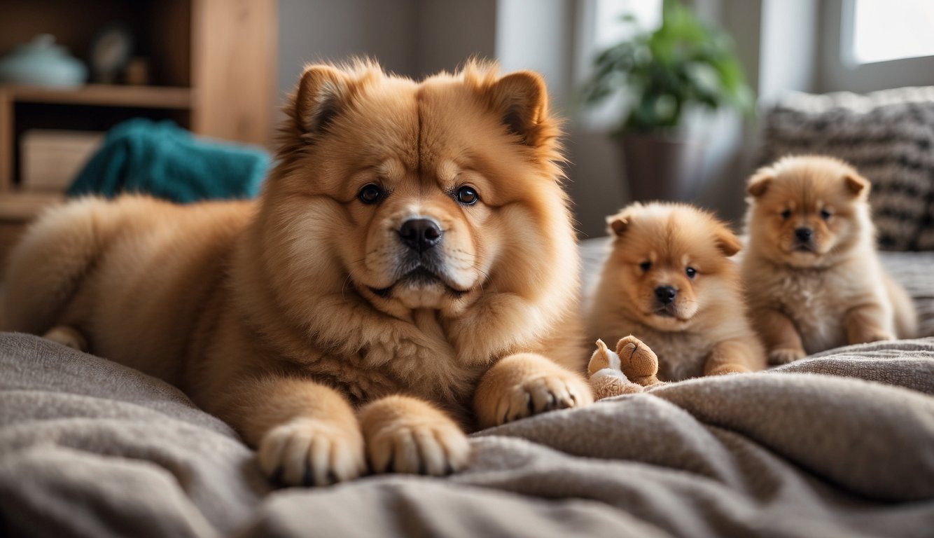 A mini chow chow stands proudly with its fluffy, lion-like mane and distinctive blue-black tongue, showcasing its sturdy build and compact size