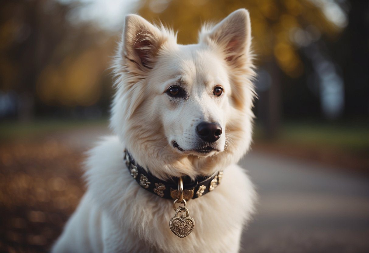 A fluffy dog wearing a personalized collar and leash with unique accessories, such as bandanas or bow ties, adding a touch of individuality