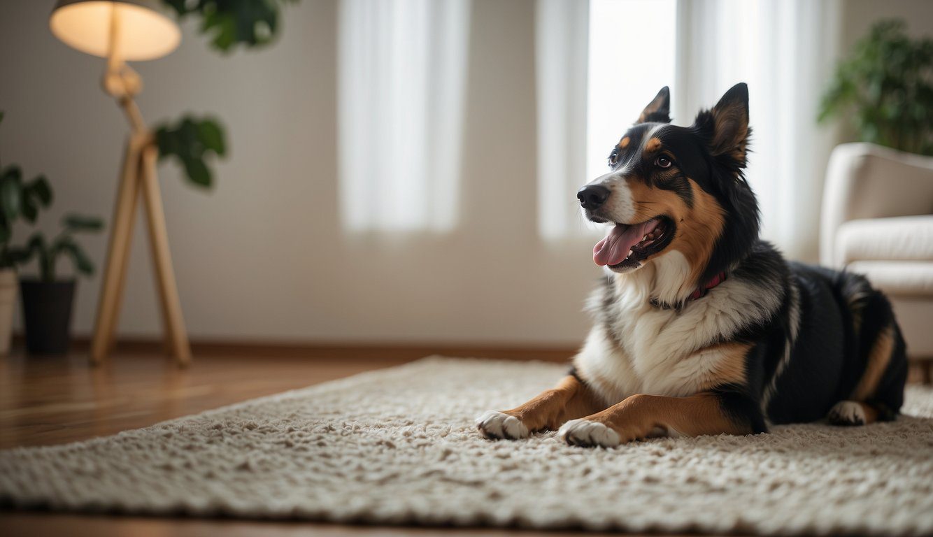 A dog sitting on a rug, licking its paws with a concerned expression. The surrounding environment is calm and peaceful