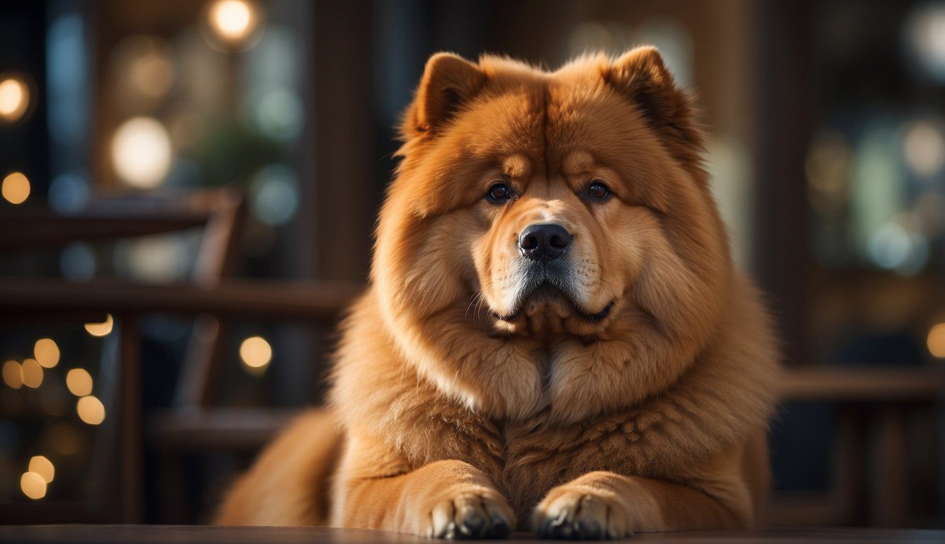 A red chow chow dog lounges in a lush garden, surrounded by blooming flowers and a serene atmosphere, exuding a sense of health and well-being