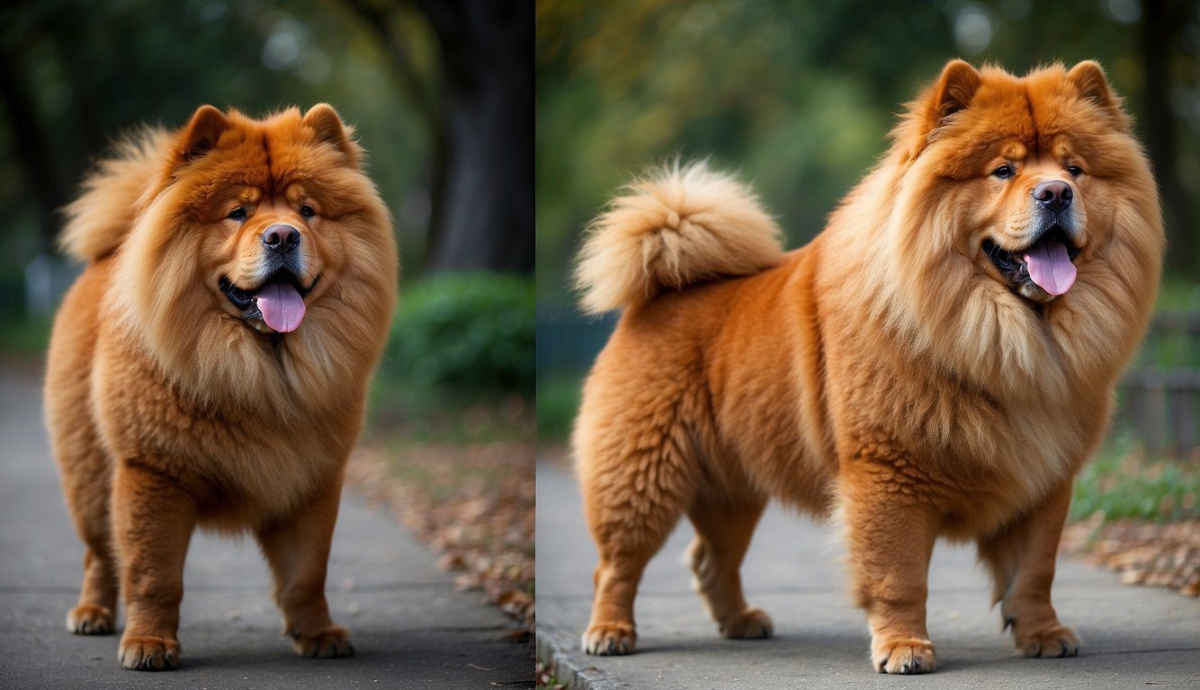 A regal red chow chow stands proudly, with a thick double coat and a distinctive lion-like mane. The breed's sturdy build and unique blue-black tongue are key features to capture