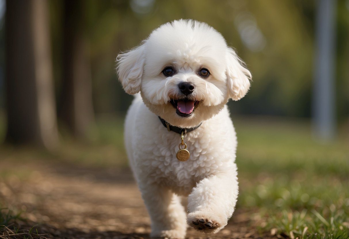 A Bichon Frise stands proudly, tail wagging and eyes bright, exuding playful and friendly energy