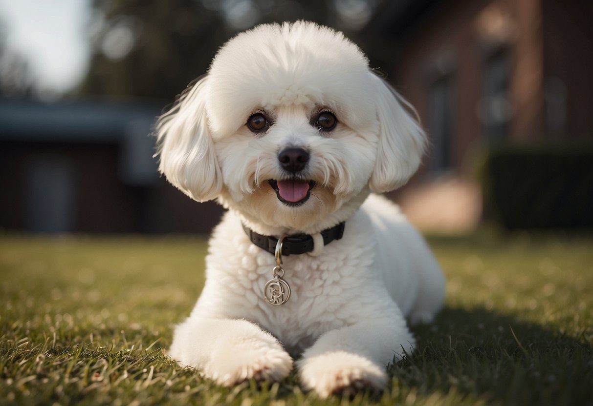 A Bichon Frise sits surrounded by question marks, with a curious expression and a wagging tail