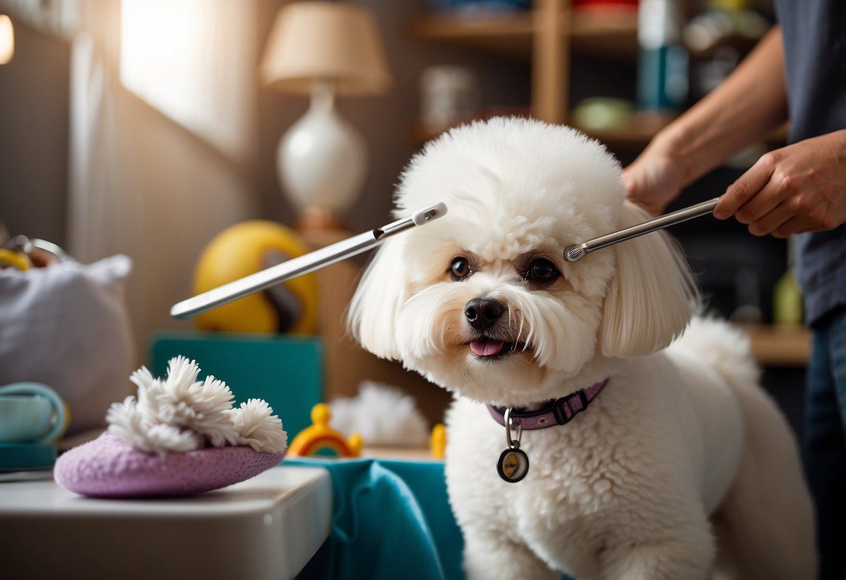 A Bichon Frise is being groomed and pampered by a caring owner in a bright, spacious room filled with grooming supplies and toys