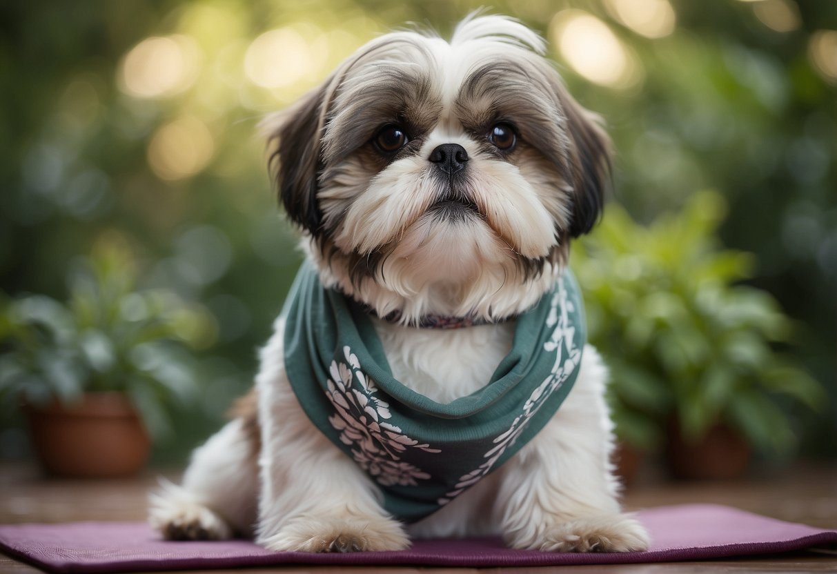 A Shih Tzu sits on a yoga mat surrounded by greenery, with a serene expression and a wellness bandana around its neck