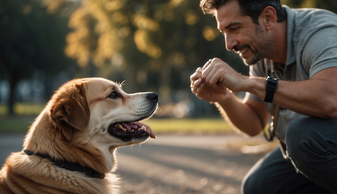 A dog trainer uses positive reinforcement to redirect an aggressive dog's behavior, while a professional intervenes to ensure safety