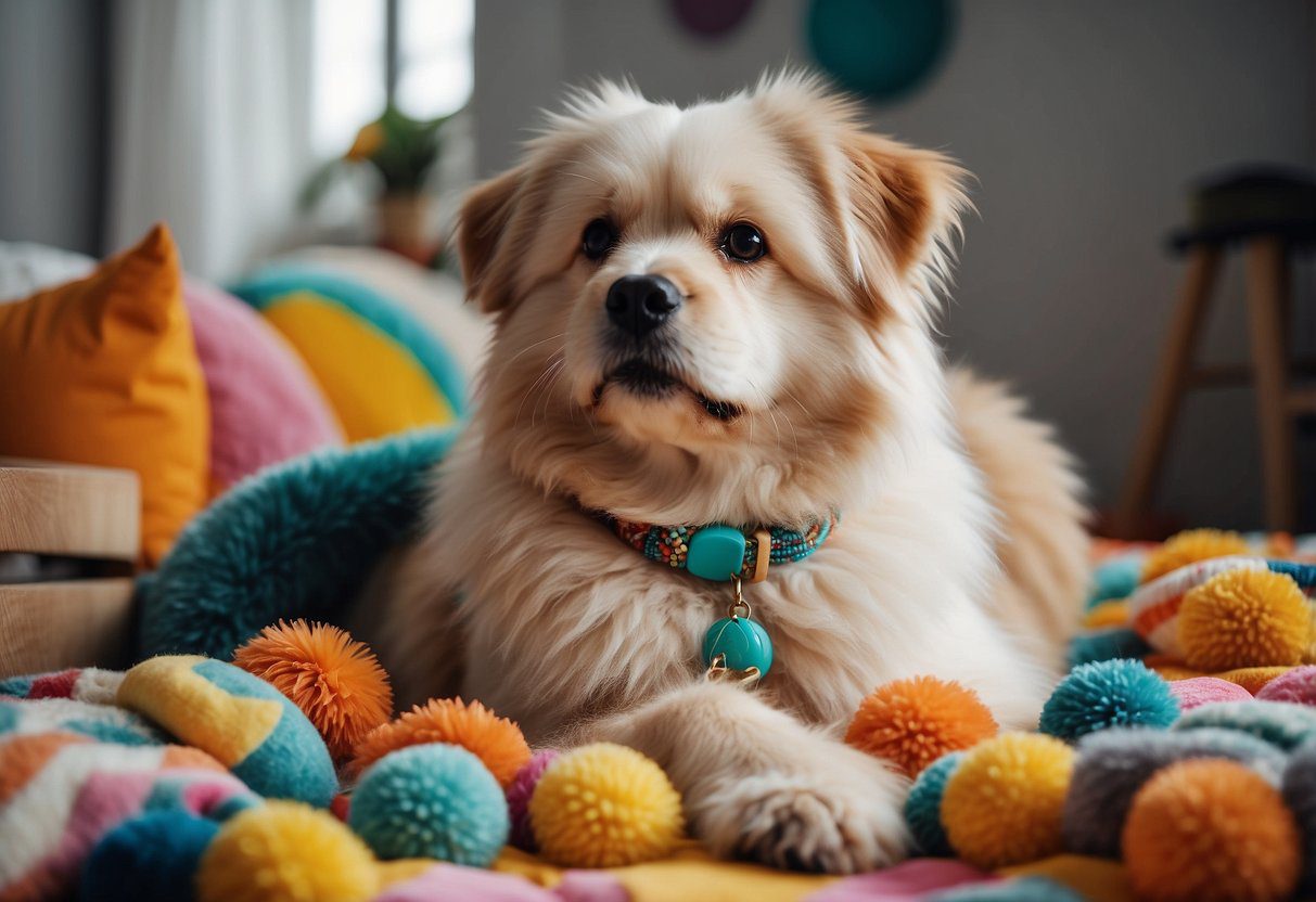 A fluffy dog sits surrounded by colorful accessories: a cozy bed, stylish collar, and playful toys