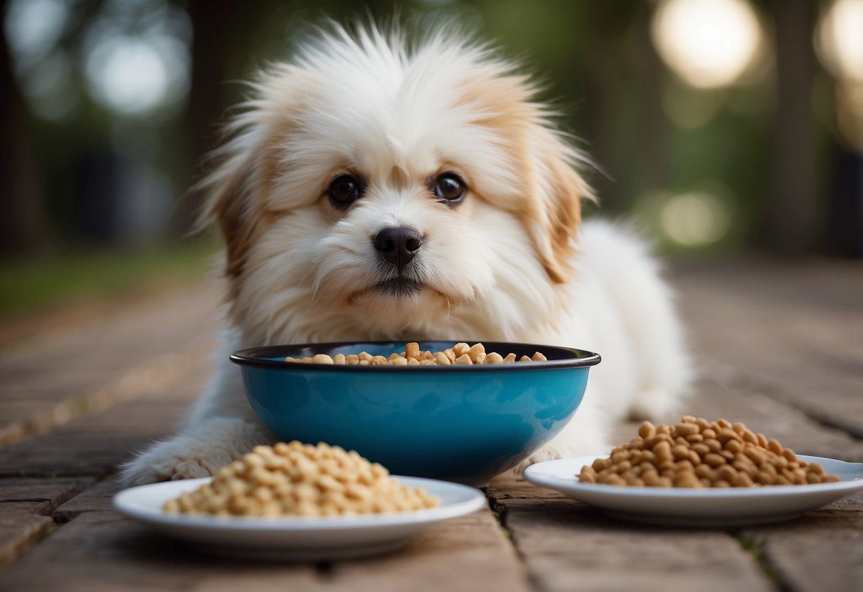 A fluffy dog eagerly eats from a bowl of nutritious food, while a water bowl sits nearby. A leash and collar lay on the ground, ready for a training session