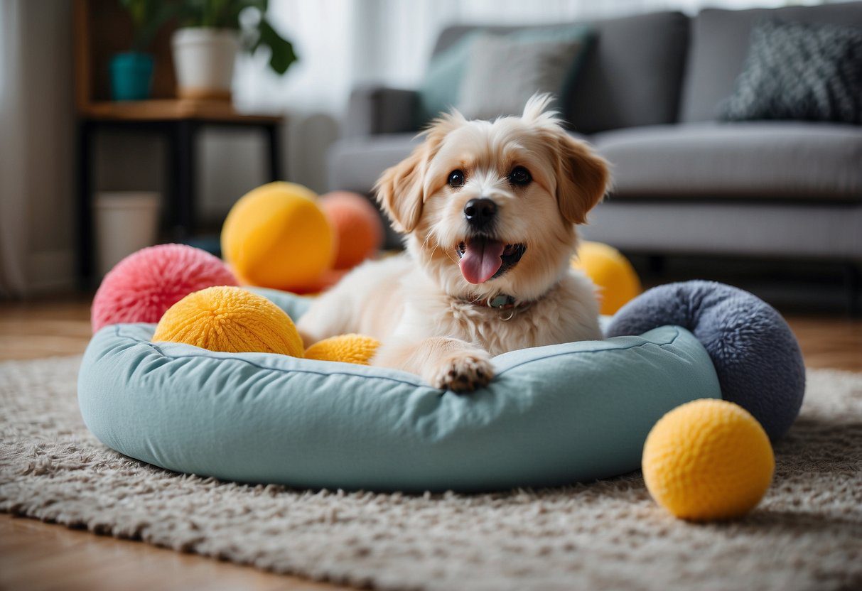 A cozy living room with dog toys scattered on the floor, a fluffy dog bed in the corner, and a large open space for training activities