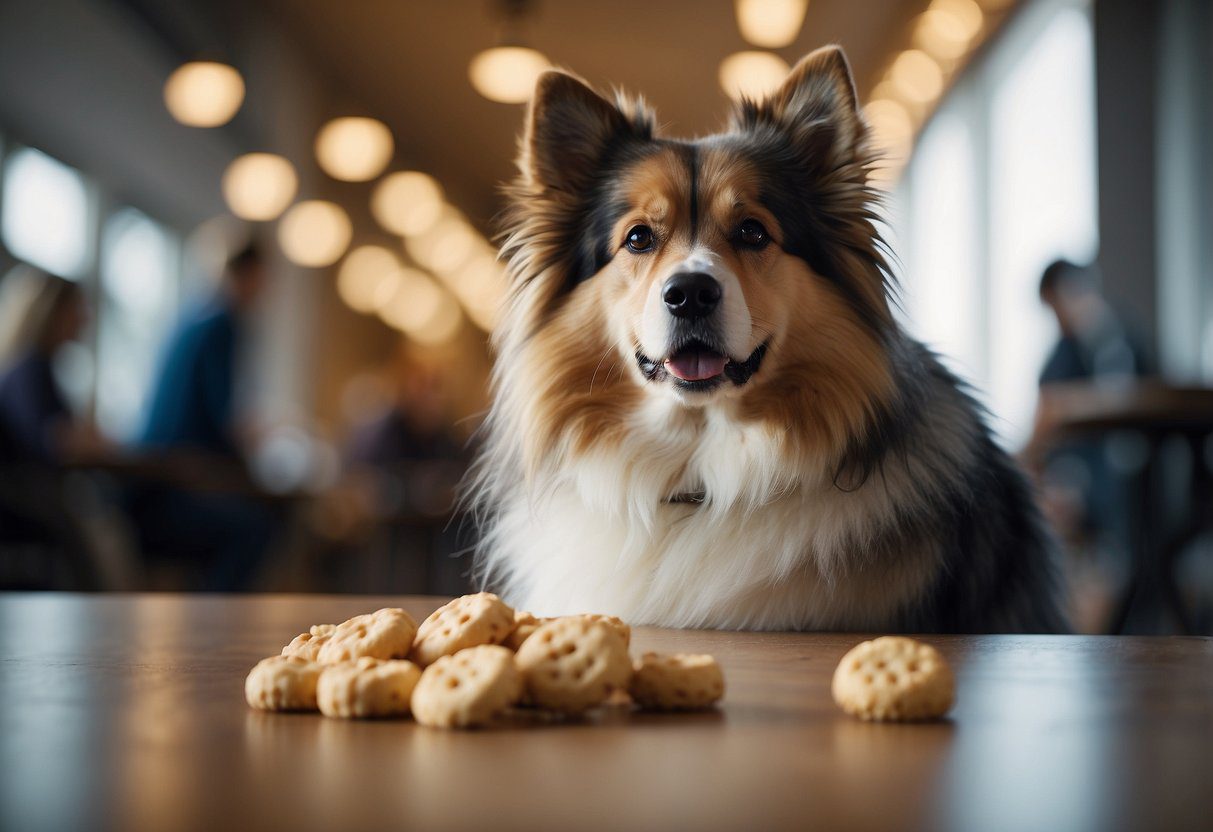 A fluffy dog sits attentively as its owner selects the perfect training treats