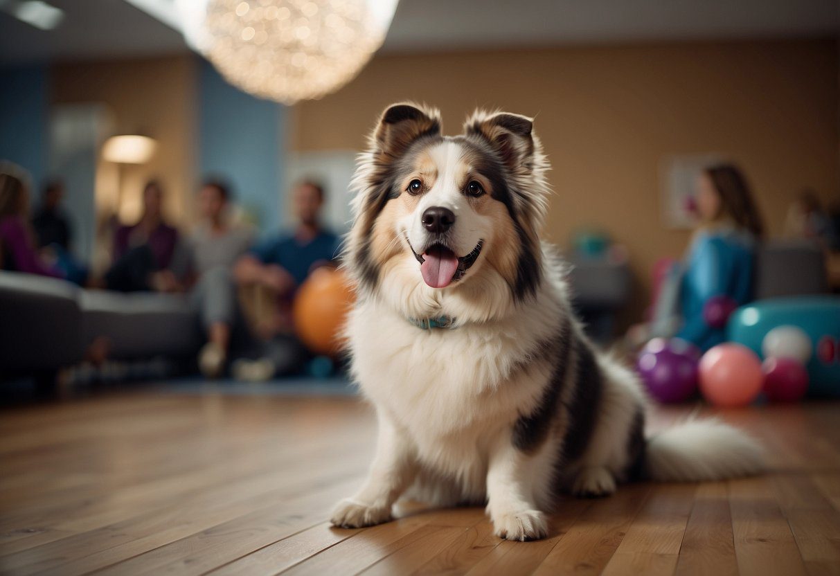 A fluffy dog sits attentively, ears perked, as a trainer holds a treat and gestures with a clicker. Training aids and toys are scattered around the room