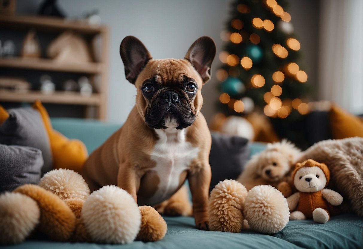 A fluffy Frenchie puppy sits next to its caring breeder, surrounded by toys and a cozy bed, receiving gentle attention and care