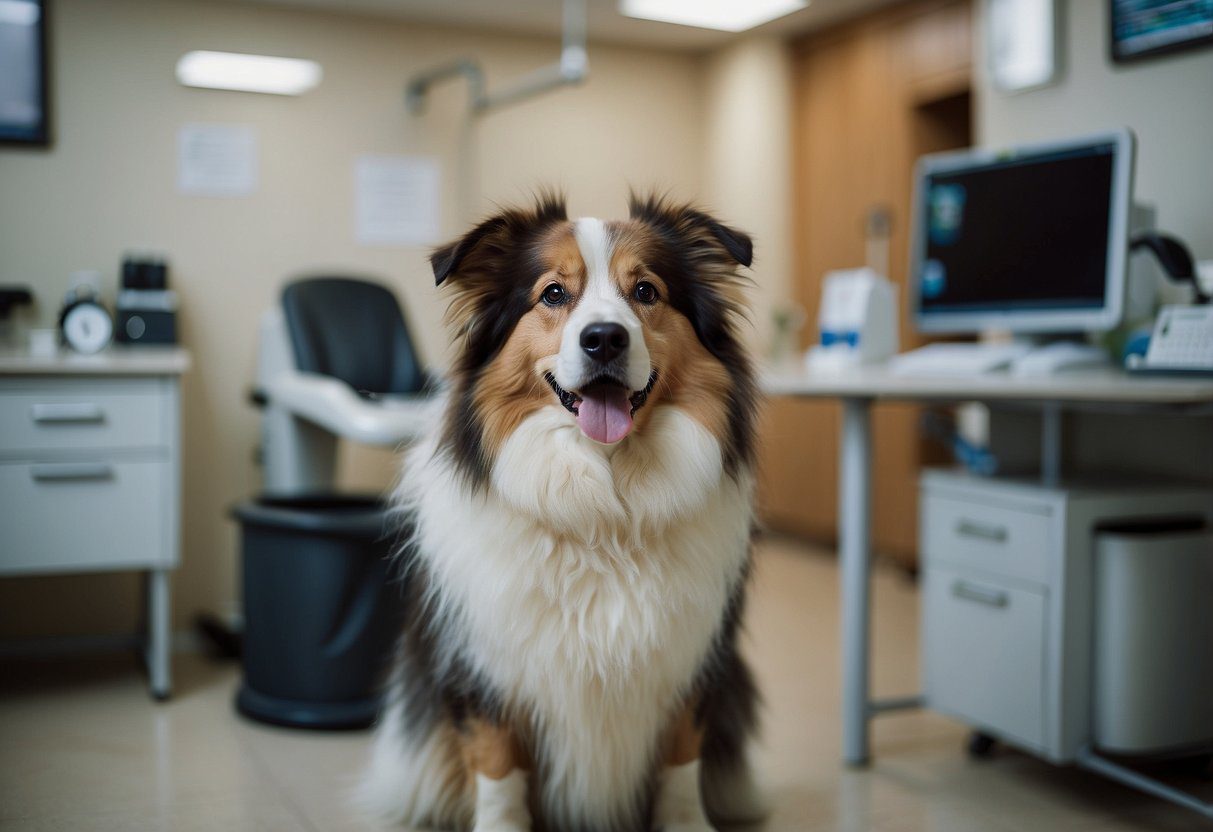 A fluffy dog with a concerned expression sits in a veterinarian's office, surrounded by medical equipment and a caring veterinarian