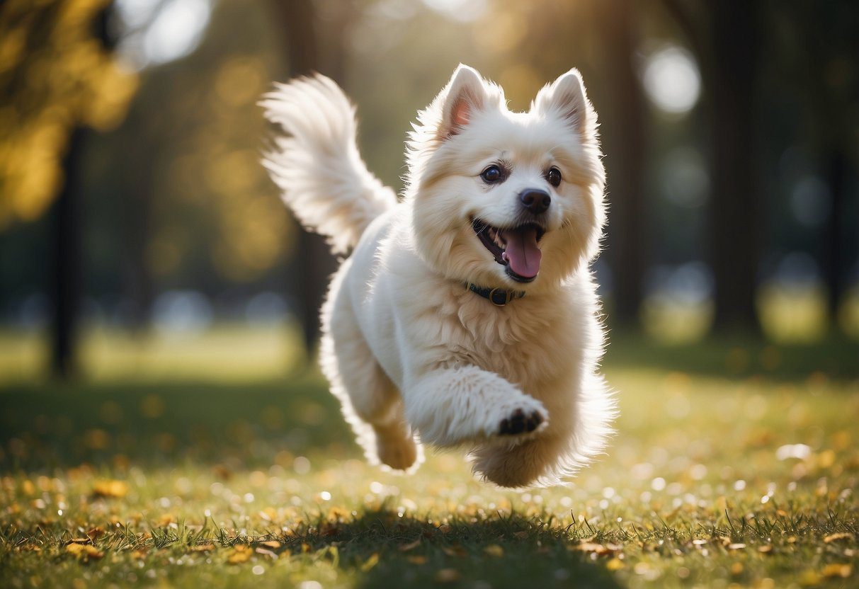 Fluffy dog breeds running, playing, and jumping in a park