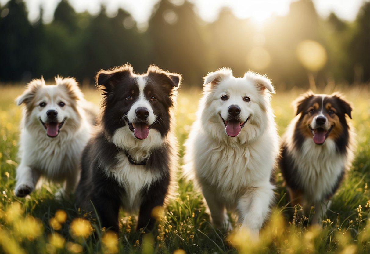 Several fluffy dog breeds playing in a grassy meadow under the bright sun